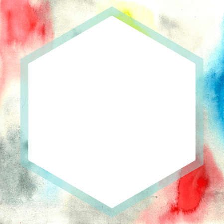 Square watercolor frame with a white hexagon. Abstract illustration template frame. Exclusive artwork background. A unique image. White hexagon in design. New design.の写真素材