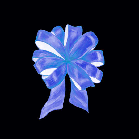 Watercolor image of a tied ribbon bow on a black background. Isolated blue ribbon pattern. Handmade illustration. Decorative decoration for gift wrapping.の写真素材