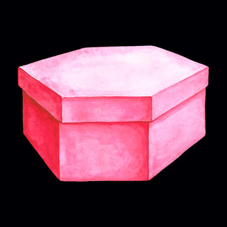 Watercolor illustration of a red cardboard box with six facets. Hexahedron packing. Handmade drawing. Picture of a paper gift box.の写真素材
