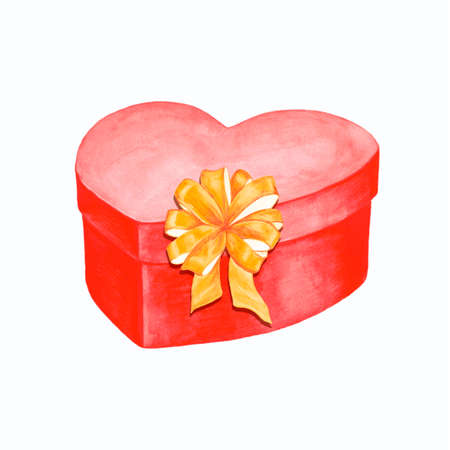 Watercolor illustration of a gift box with a ribbon bow. Isolated image of a festive packaging on a white background. Handmade drawing.の写真素材