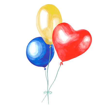 Watercolor illustration of a bundle of balloons on a string. Isolated image of transparent balls on a white background. Handmade drawing.の写真素材
