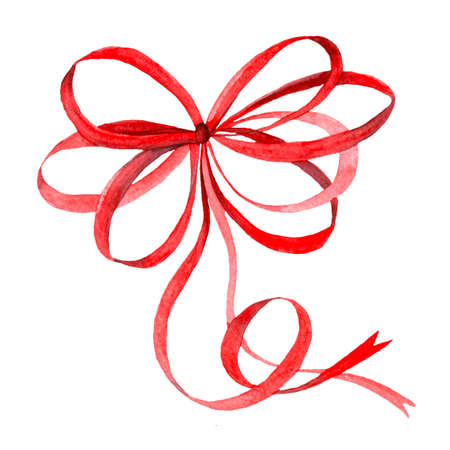 Watercolor illustration of a ribbon bow. Isolated image of holiday decoration for packing and boxes. Handmade drawing.の写真素材