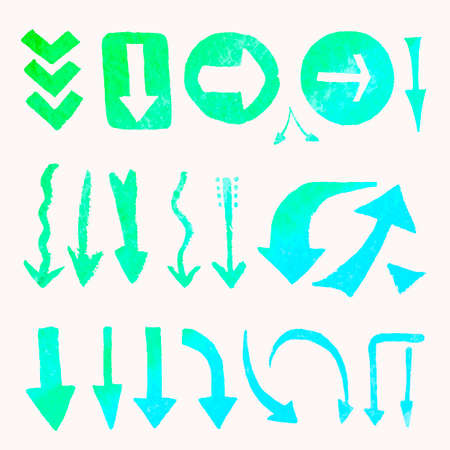 Illustration of direction symbols. Collection of arrows in the dark blue tones painted with watercolor. Isolated image of signs of pointers. Hand-painted drawing.の写真素材