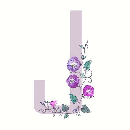 The capital letter from the alphabet is decorated with curly flowers. Watercolor illustration of botanical plants. Isolated image of outlined flowers on a white background. Art style. Hand drawing.の写真素材