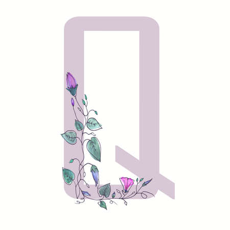 The capital letter from the alphabet is decorated with curly flowers. Watercolor illustration of botanical plants. Isolated image of outlined flowers on a white background. Art style. Hand drawing.の写真素材