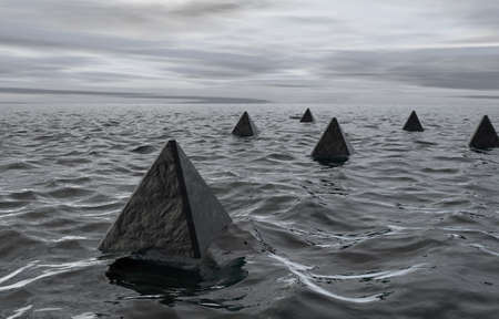 Minimal ocean and pyramid landscape backgroundの写真素材