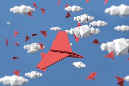 Paper clouds and paper planes background illustrationの写真素材