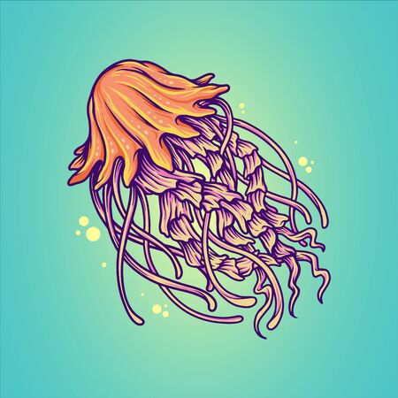 Hand drawn sketch isolated jellyfish, marine animals - Stock Vector illustration nauticalのイラスト素材