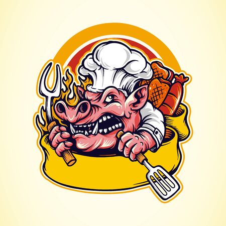 pig barbecue bbq mascot  with bannerのイラスト素材