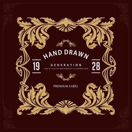 Label ornament swirls and Hand Drawn Gold frame design vectorのイラスト素材