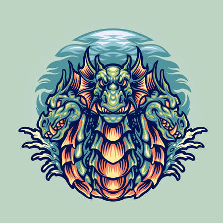 Dragon Hydra Character Mascot Illustrations for merchandise and clothing lineのイラスト素材