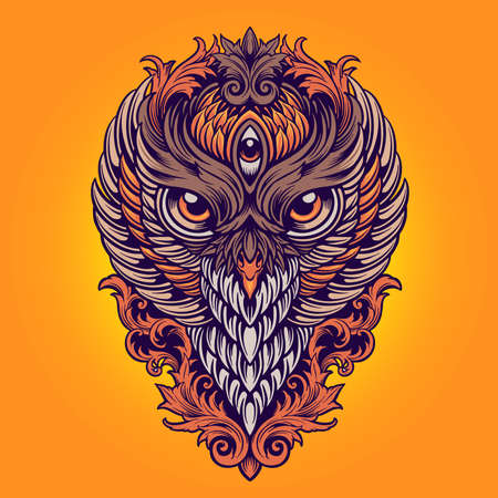 King Owl Colorfull Ornaments Illustrations for merchandise sticker Clothing Line Brand and fashionsのイラスト素材