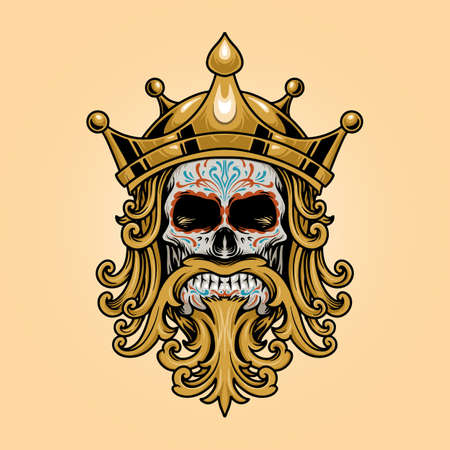 King Crown Skull Dia De Los Muertos Logo Gold Illustrations for merchandise sticker and clothing line brandsのイラスト素材