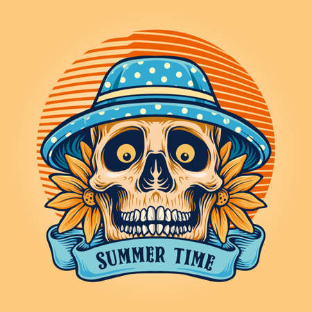 Summer Time Sugar Skull with Banner  for merchandise clothing line and stickerのイラスト素材