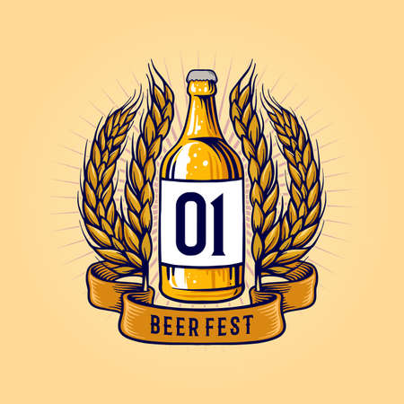 Vintage Beer Fest Bottle with banner and Wheat Illustrationsのイラスト素材
