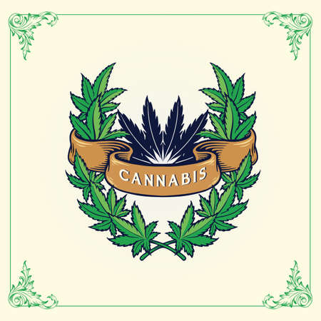 Illustrations Marijuana leaves frame With Cannabis Ribbonのイラスト素材