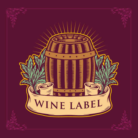 Wine label for wine grapes a wooden barrel style vector vintage illustrationのイラスト素材