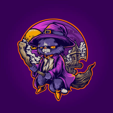 Hogwarts Cat Withcraft shaman Illustrations for halloween merchandise and clothing line stickersのイラスト素材