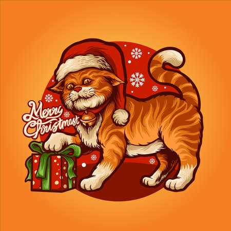 Cartoon Cute cat Merry Christmas with Gift Vector Illustrations for advertising and merchandise apparelのイラスト素材