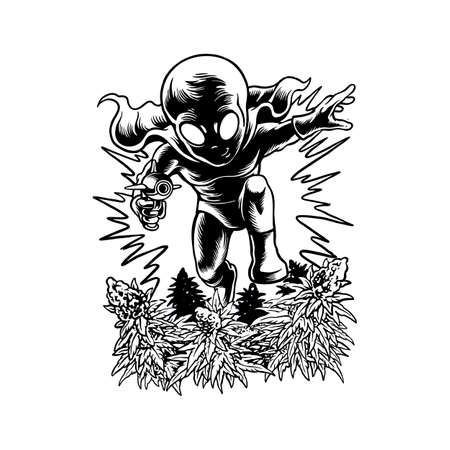 An alien attack a cannabis garden Silhouette illustrations for your work Logo, mascot merchandise t-shirt, stickers and Label designs, poster, greeting cards advertising business company or brands.のイラスト素材