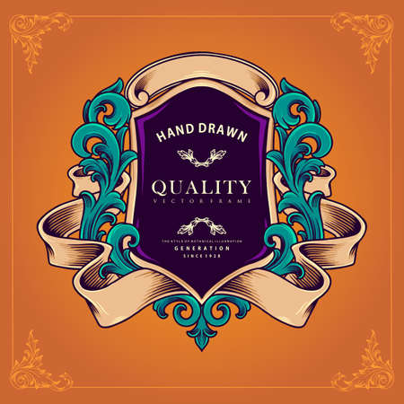 Elegant classic badge with swirl ribbon ornaments Vector illustrations for your work , mascot merchandise t-shirt, stickers and Label designs, poster, greeting cards advertising business companyのイラスト素材