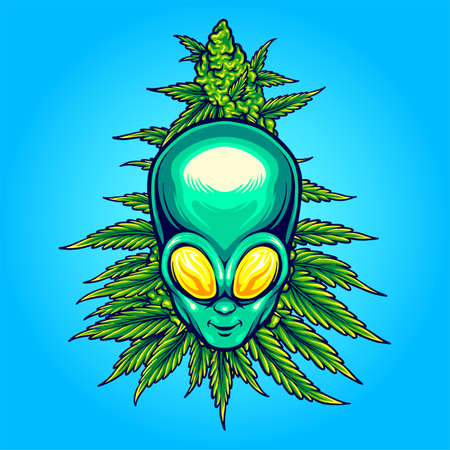 Alien head with weed plant vector illustrations for your work logo, merchandise t-shirt, stickers and label designs, poster, greeting cards advertising business company or brandsのイラスト素材