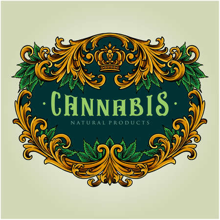 Elegant frame vintage cannabis flourish vector illustrations for your work logo, merchandise t-shirt, stickers and label designs, poster, greeting cards advertising business company or brandsのイラスト素材
