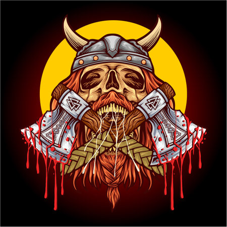 Scary viking skull axe with helmet vector illustrations for your work logo, merchandise t-shirt, stickers and label designs, poster, greeting cards advertising business company or brandsのイラスト素材