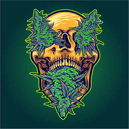 Scary skull head weed leaf vector illustrations for your work logo, merchandise t-shirt, stickers and label designs, poster, greeting cards advertising business company or brandsのイラスト素材
