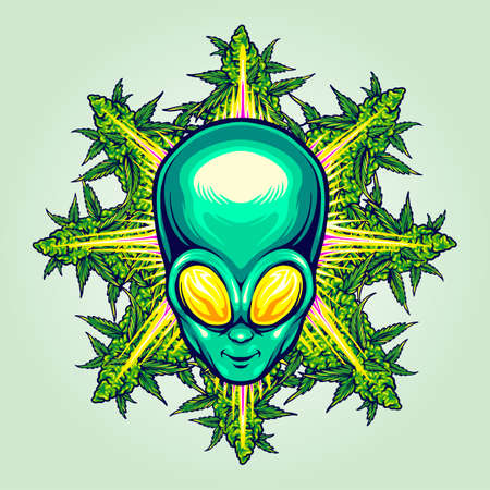 Alien head with cannabis leaf vector illustrations for your work logo, merchandise t-shirt, stickers and label designs, poster, greeting cards advertising business company or brandsのイラスト素材
