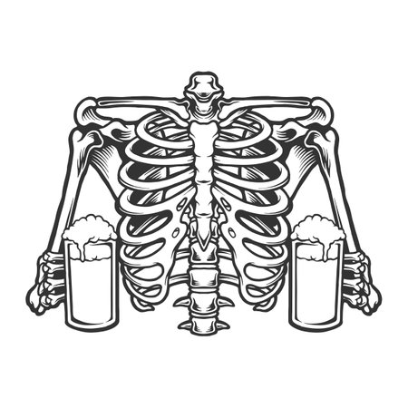 Rib bone with glass beer monochrome Vector illustrations for your work Logo, mascot merchandise t-shirt, stickers and Label designs, poster, greeting cards advertising business company or brands.のイラスト素材
