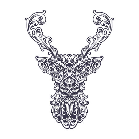 Deer head luxury ornament monochrome vector illustrations for your work logo, merchandise t-shirt, stickers and label designs, poster, greeting cards advertising business company or brandsのイラスト素材