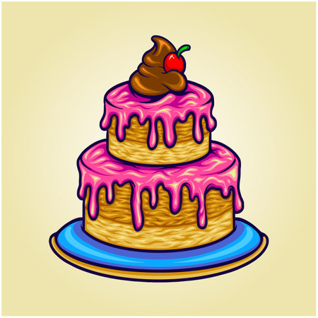 Delicious strawberry birthday cherry cake cartoon illustration vector illustrations for your work...