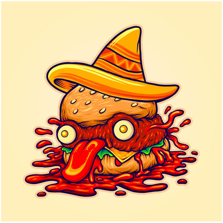 Mexican hat spicy pirates burger Mascot illustration vector illustrations for your work logo, merchandise t-shirt, stickers and label designs, poster, greeting cards advertising business company or brandsのイラスト素材