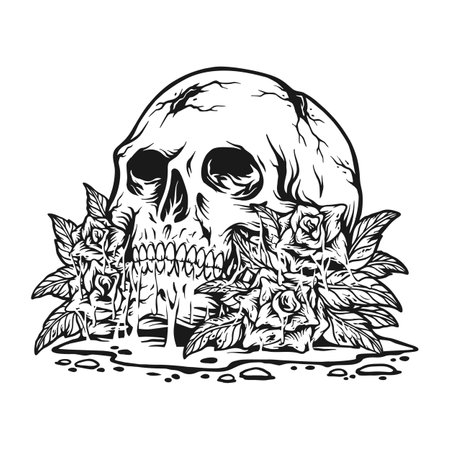Creepy skull head roses floral plant monochrome vector illustrations for your work logo, merchandise t-shirt, stickers and label designs, poster, greeting cards advertising business company or brandsのイラスト素材