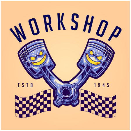 Angry twin piston motor engine workshop illustrations vector illustrations for your work logo, merchandise t-shirt, stickers and label designs, poster, greeting cards advertising business company or brandsのイラスト素材