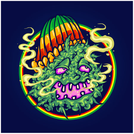 Scary weed leaf rasta style logo cartoon illustrations vector illustrations for your work logo, merchandise t-shirt, stickers and label designs, poster, greeting cards advertising business company or brandsのイラスト素材