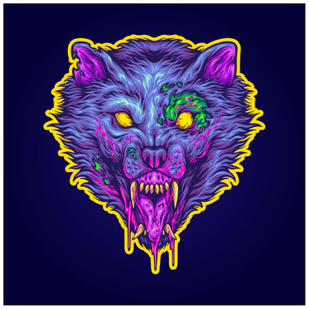 Scary zombie monster wolf head logo cartoon illustrations vector illustrations for your work logo, merchandise t-shirt, stickers and label designs, poster, greeting cards advertising business company or brandsのイラスト素材