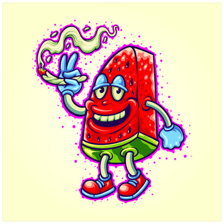 Funny smoking marijuana bud watermelon fruit logo illustrations vector illustrations for your work logo, merchandise t-shirt, stickers and label designs, poster, greeting cards advertising business company or brandsのイラスト素材