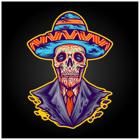Spooky mexican muertos sugar skull sombrero hat logo illustrations vector for your work logo, merchandise t-shirt, stickers and label designs, poster, greeting cards advertising business company or brandsのイラスト素材