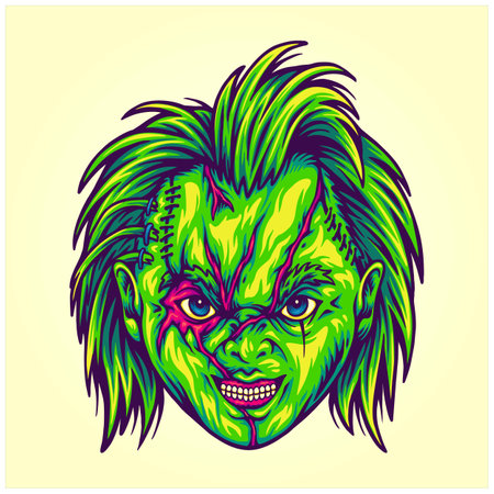 Spooky zombie dolls head logo cartoon illustrations vector for your work logo, merchandise t-shirt, stickers and label designs, poster, greeting cards advertising business company or brandsのイラスト素材
