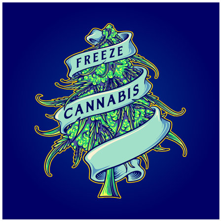 Marijuana freeze bud hemp plant swirl ribbon banner ornament logo illustrations vector for your work logo, merchandise t-shirt, stickers and label designs, poster, greeting cards advertising business company or brandsのイラスト素材