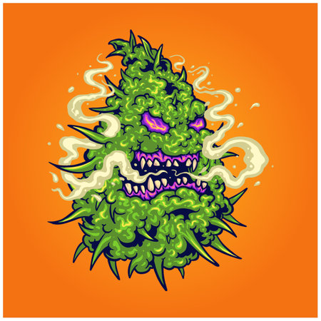 Scary monster cannabis bud sativa leaf smoking weed logo cartoon illustrations vector for your work logo, merchandise t-shirt, stickers and label designs, poster, greeting cards advertising business company or brandsのイラスト素材