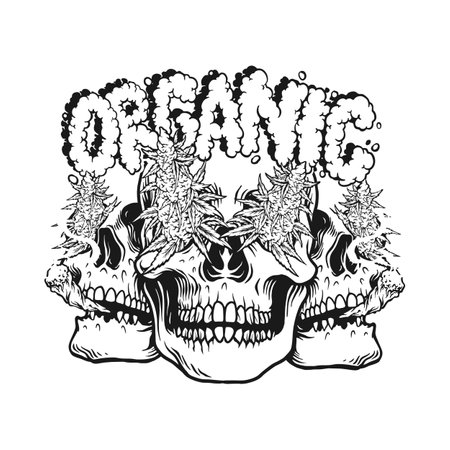 Brotherhood skull weed bud lettering organic word smoke effect monochrome vector illustrations for your work logo, merchandise t-shirt, stickers and label designs, poster, greeting cards advertising business company or brandsのイラスト素材