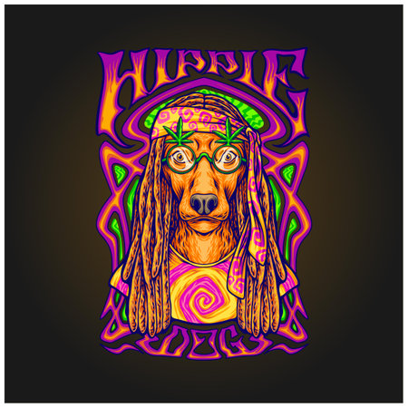 Hippie dog with cannabis glasses on psychedelic background illustrations vector for your work logo, merchandise t-shirt, stickers and label designs, poster, greeting cards advertising business company or brandsのイラスト素材