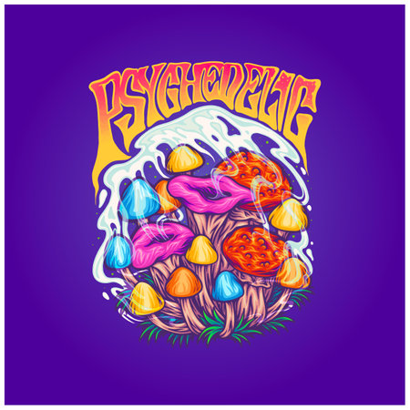 Magic mushroom family plant with psychedelic typeface illustrations vector for your work logo, merchandise t-shirt, stickers and label designs, poster, greeting cards advertising business company or brandsのイラスト素材