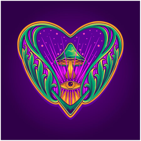 Psilocybin mushrooms engraved petal ornament heart shaped illustrations vector illustrations for your work logo, merchandise t-shirt, stickers and label designs, poster, greeting cards advertising business company or brandsのイラスト素材