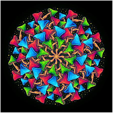 Trippy mandala sacred geometry with magic mushroom illustrations vector illustrations for your work logo, merchandise t-shirt, stickers and label designs, poster, greeting cards advertising business company or brandsのイラスト素材