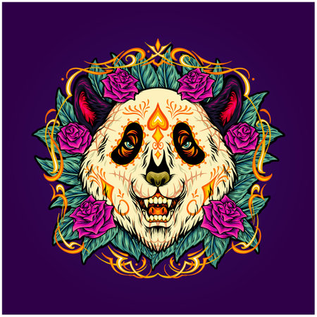 Sugar skull panda head with floral background illustrations vector illustrations for your work logo, merchandise t-shirt, stickers and label designs, poster, greeting cards advertising business company or brandsのイラスト素材