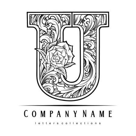 Luxury vintage initial u letter floral logo ornament silhouette vector illustrations for your work logo, merchandise t-shirt, stickers and label designs, poster, greeting cards advertising business company or brandsのイラスト素材